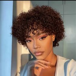 #4 Brown Water Wave Short Curly Bob Wig Afro Short Curly Human Hair Full Machine Made Wig Fluffy Afro Kinky Curly Wig Daily Use