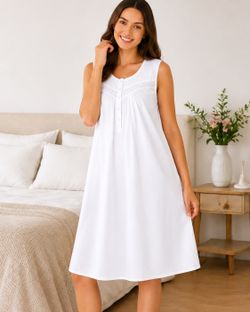 ink Dalia Women’s 100% Cotton Nightgown – Sleeveless Lightweight Sleep Dress with Eyelet Embroidery, Breathable Summer Nightwear, Made in India