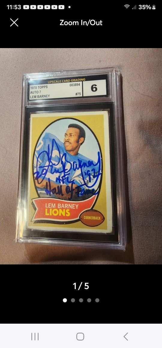 Lem Barney Signed Authentic Detroit Lions 1970 Topps Rookie #75 HOF'92 UCG 6