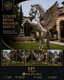 9 FT Handcrafted Flying Pegasus Statue – Sheet Metal Garden Sculpture – Luxury Outdoor Art