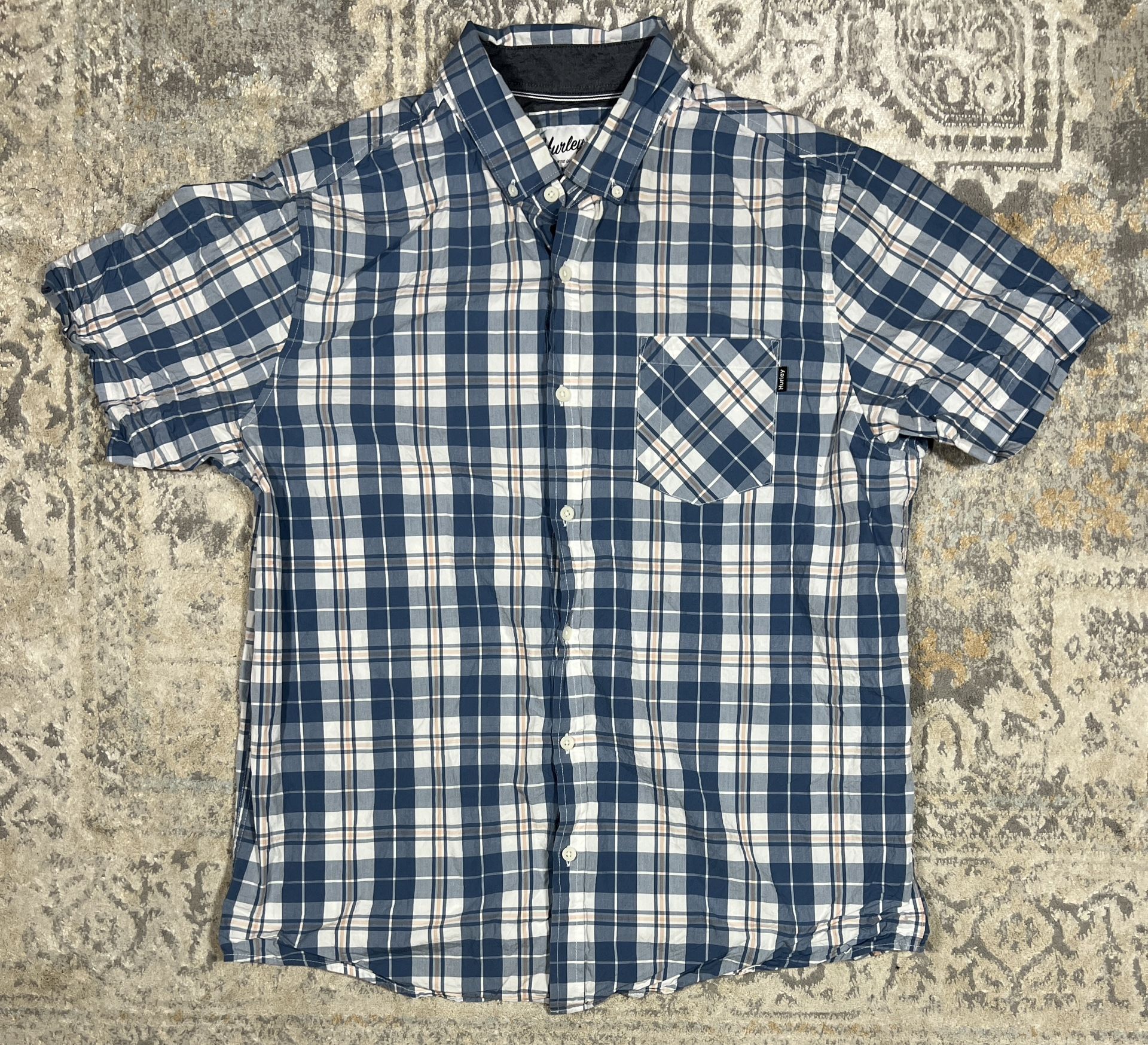 Hurley Men's Short Sleeve Woven Plaid Shirt Button Down Blue White Size L 