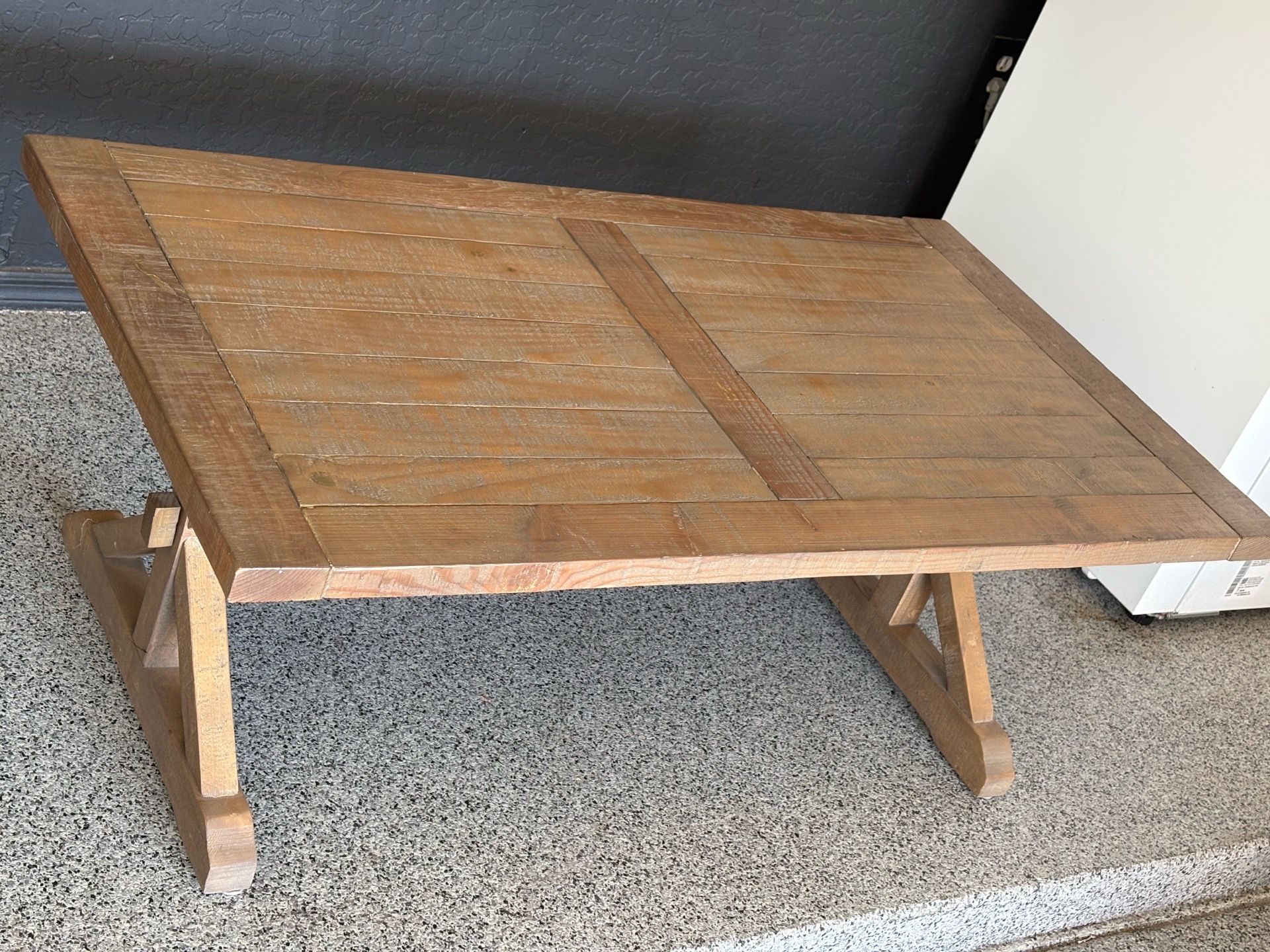 Living Spaces Natural Wood Rectangle Coffee Table. Pine. 28 x 50 inches. 18.5 inches tall