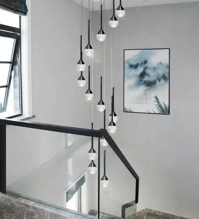 137in High Ceiling Chandelier 16 LED Lights Dimmable Black Crystal Pendants Staircase Entryway