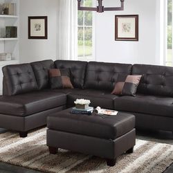 Brand New Espresso Brown Faux Leather Sectional Sofa +Ottoman 