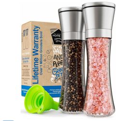 Home EC Premium Stainless Steel Sea Salt and Pepper Grinder Set of 2 - Adjustable Ceramic - Tall Glass Salt and Pepper Shakers - Kitchen Spice Mill W/