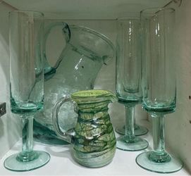 Champagne glasses (6), juice pitcher and creamer