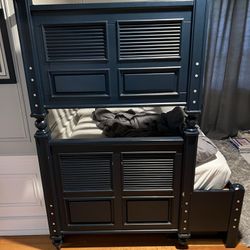 Navy Blue Wooden Bunkbed Bed frame W Mattress, Desk, Chair, And Attachable Book Shelf  