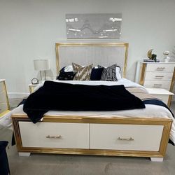 White Gold Modern Bedroom Set Furniture With LED Lights Storage Drawers King Queen Bed Dresser Mirror Nightstand 