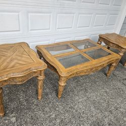 Carved Wood Coffee Table and 2 End Tables 3pc Living Room Set 