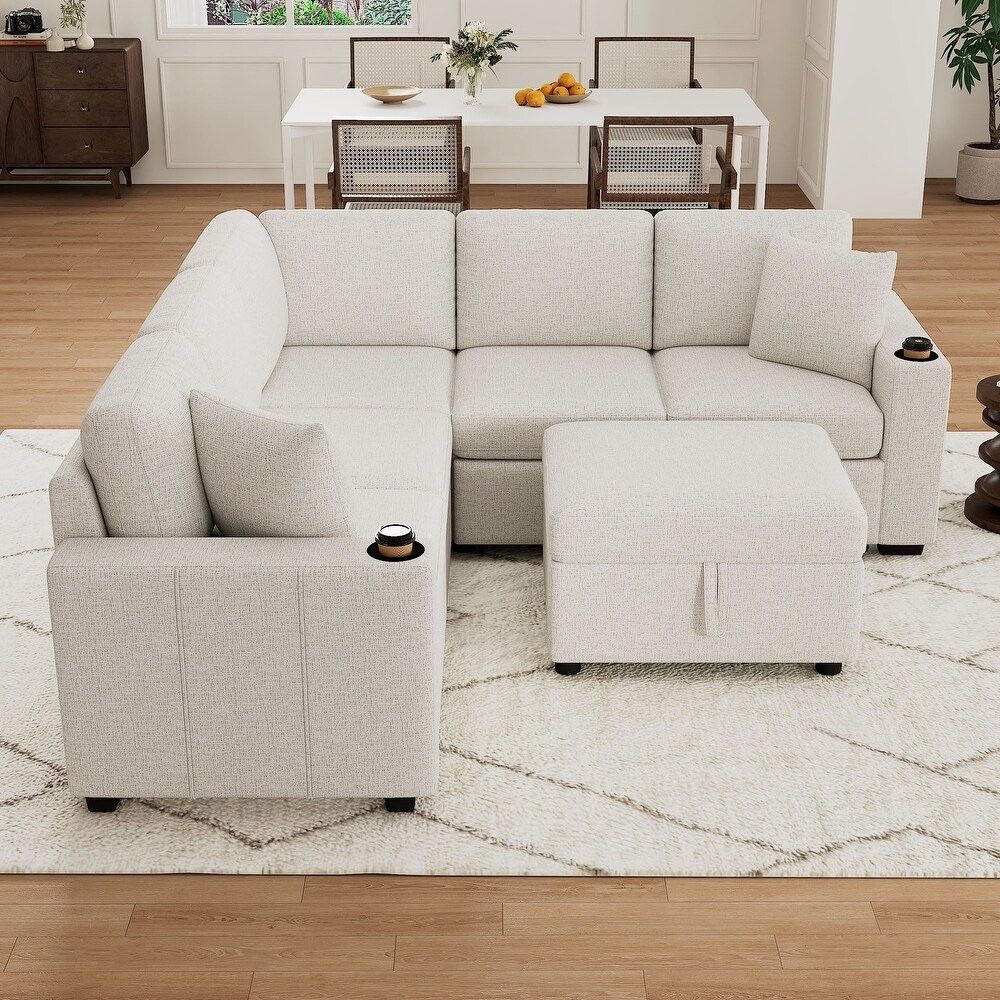 Convertible Pull Out Sleeper Sofa Bed, 84.7 Inch L Shaped Sectional Couch Sofa with Storage Ottoman and Charging Station - Beige