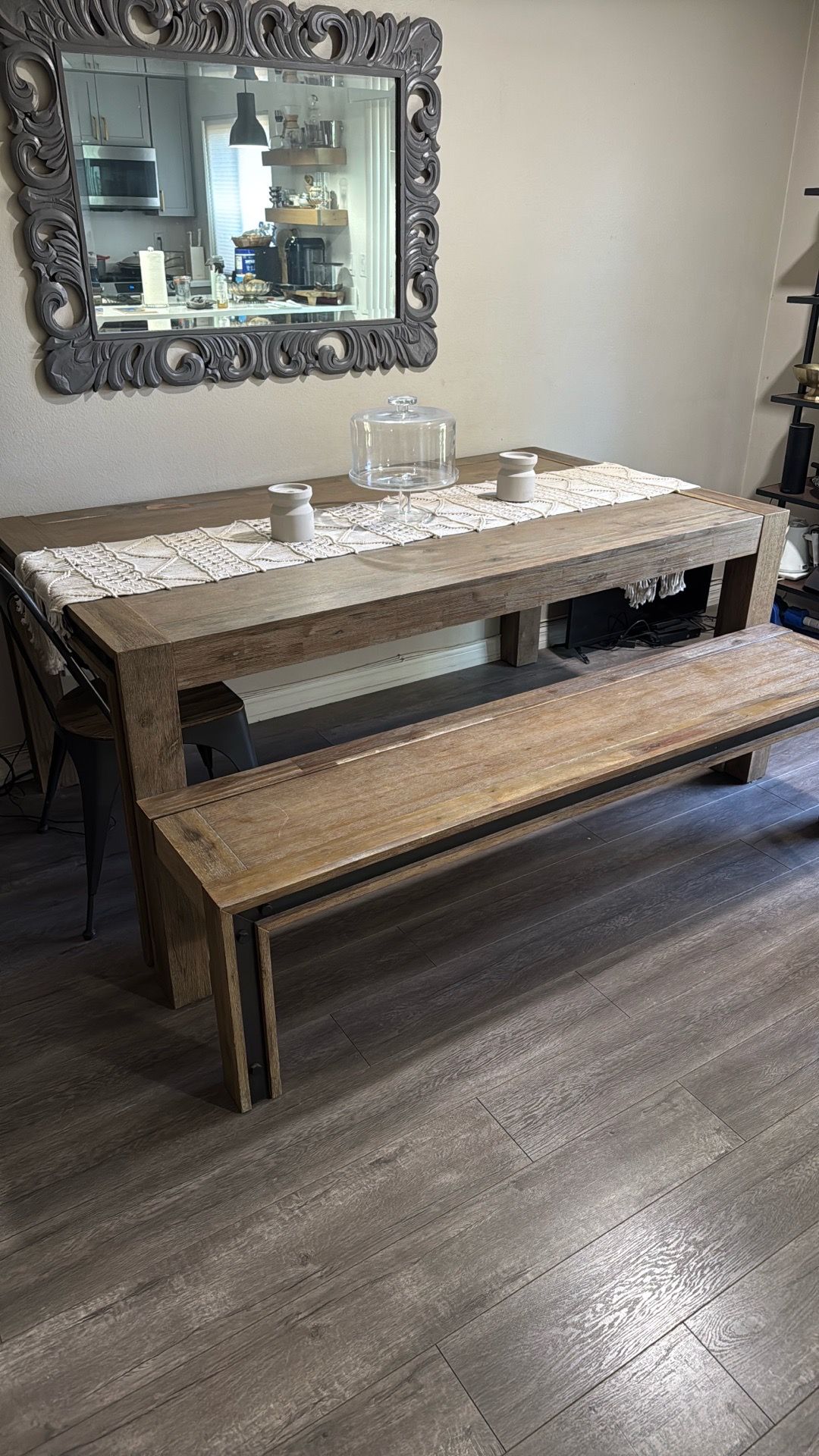 Bonham 79-98" Natural Wood Metal Rectangular Extendable Dining Table | Acacia with bench and 2 chairs