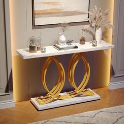 55-Inch Modern Console Table for Entryway,Faux Marble Entryway Table with Geometric Metal Legs, Gold Accent/Sofa Table for Hallway, Living Room (White