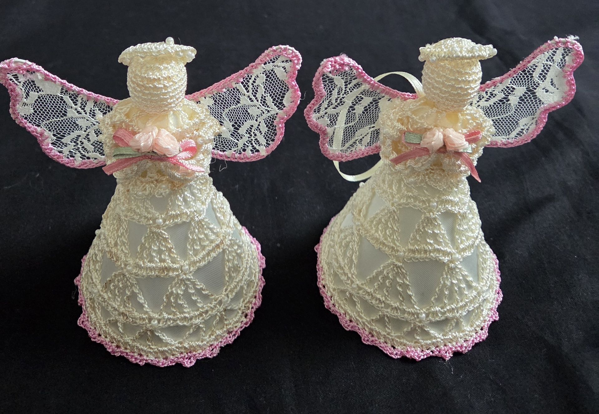 2 Vintage Handcrafted Crochet Beaded Lace Angels Christmas Tree Ornaments