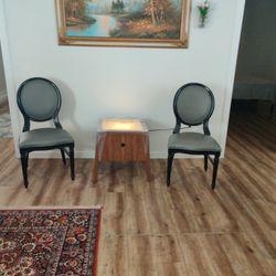 Two Stylish Chairs And Table With Lights , Glass Top And Marble Rocks Inside.Big Storage Drawer.