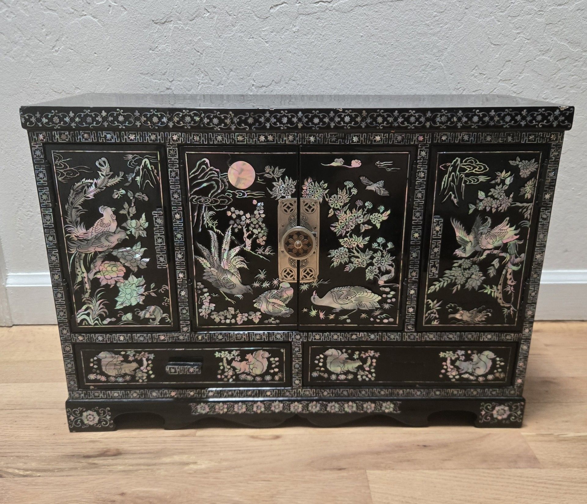 Vintage Korean Asian Mother of Pearl Black Cabinet Jewelry Box 20x15x7