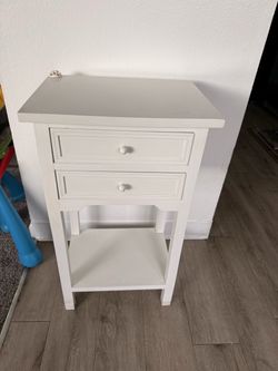 White Wooden Side Table / Nightstand with 2 Drawers & Bottom Shelf