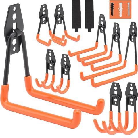 BRAND NEW 12 Pack Garage Hooks Double Heavy Duty with 2 Extension Cord Storage Straps, Hold up to 100lbs
