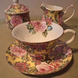 English Pink Peony Rose Chintzware China Teacup & Saucer, Matching Sugar & Creamer Set