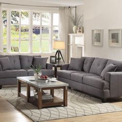 2PC Sofa & Loveseat Grey Linen Microfiber