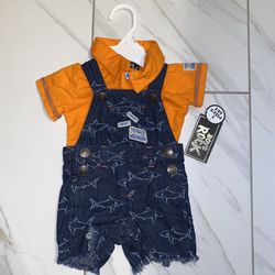 NWT Boys Rock Blue/Orange Overalls 2 PC Set 0-3 M