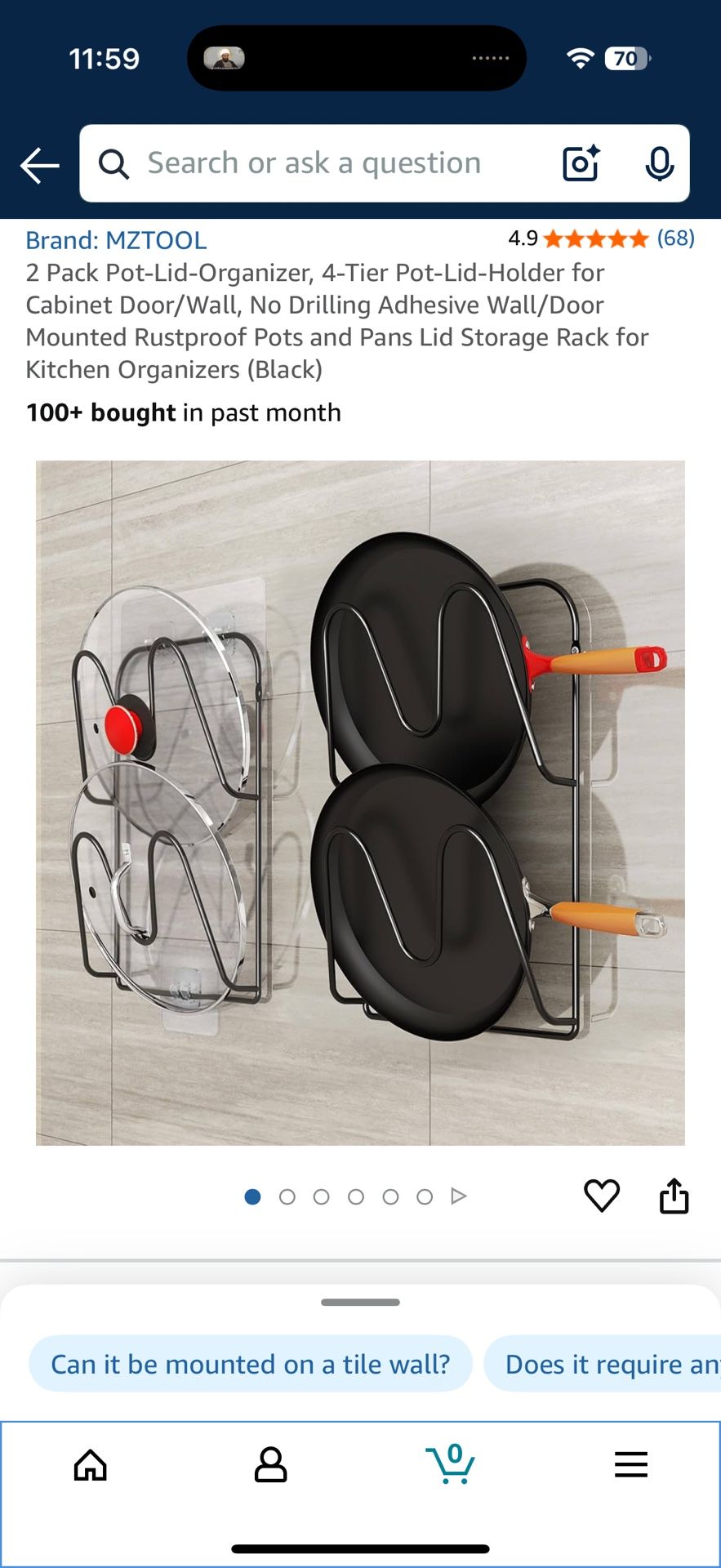 2 Pack Pot-Lid-Organizer, 4-Tier Pot-Lid-Holder for Cabinet Door/Wall, No Drilling Adhesive Wall/Door Mounted Rustproof Pots and Pans Lid Storage Rack