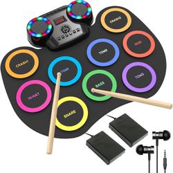 Electronic Drum Set 9Pads with LED Lights, Bluetooth Portable Electronic Drum Kit, Roll-Up Practice Drum Pad, Built-in Dual Speakers, Headphone, Holid