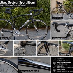 Specialized 56cm Road Bike • Carbon Fork • Shimano Sora 18-Speed