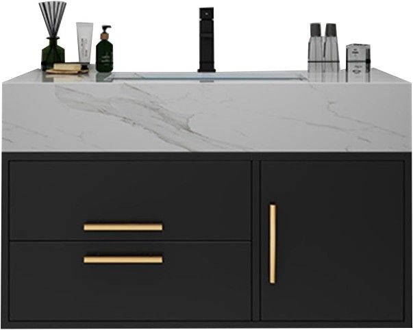 36" Stone Top Wall Mounted Floating Cabinet Shelf and 2 Drawers storage W/ Smart Medicine Cabinet