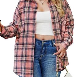 New Women's Large Flannel Plaid Black PInk Long Sleeve Shirt 
