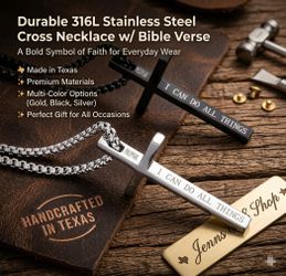 Heavy Duty Stainless Steel Cross Necklace w/ Bible Verse – Men & Boys, 22” Chain (3 Colors)