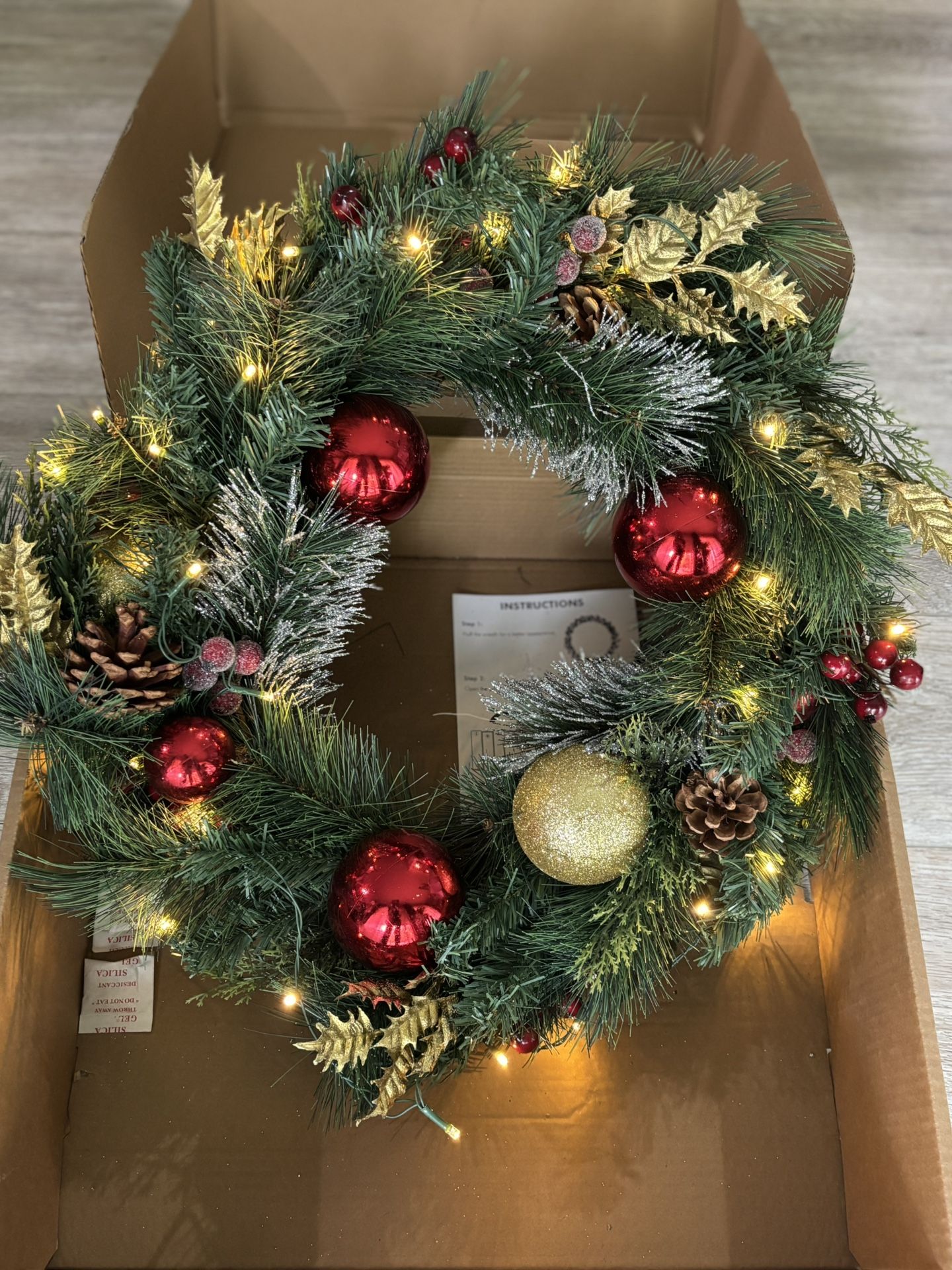 22” Decorative Artificial Light-Up Christmas Wreath with Red & Gold Ornaments, LED lights New