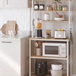Coffee Bar, 31.5 Inches Baker's Rack for Kitchen with Storage, 6-Tier Kitchen Shelves with 6 Hooks, Microwave Stand, Industrial, Oak Colou