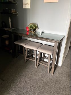 Bar height table with 3 stools and custom glass table top