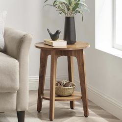 Side Table, 2-Tier Small Round End Table, Nightstand with Tapered Legs, Curved Transitions, for Small Spaces, Living Room, Bedroom, Honey Brown