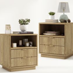 Fluted Nightstands Set of 2, Brown Night Stands with 2 Drawers and Open Shelves, Wooden Nightstand Modern Design Night Stand for Bedroom Sofa Office (