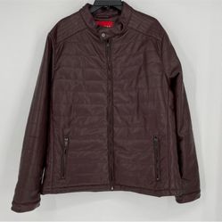 Guess Faux Leather Jacket Sz XXL Full-Zip Quilted Pockets Band Collar Brown 