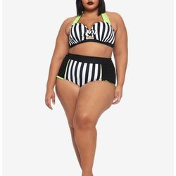 Beetlejuice Stripe Halter Swim Suit Plus Size