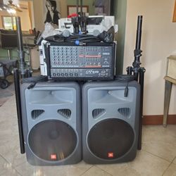 Entire PA Setup. Power Mixer, Speakers, Microphones.