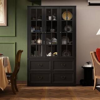 47.2 in. W x 78.7 in. Tall 8-Shelf Black Wood Standard Bookcase Bookshelf With Glass Doors, Adjustable Shelves, Drawers