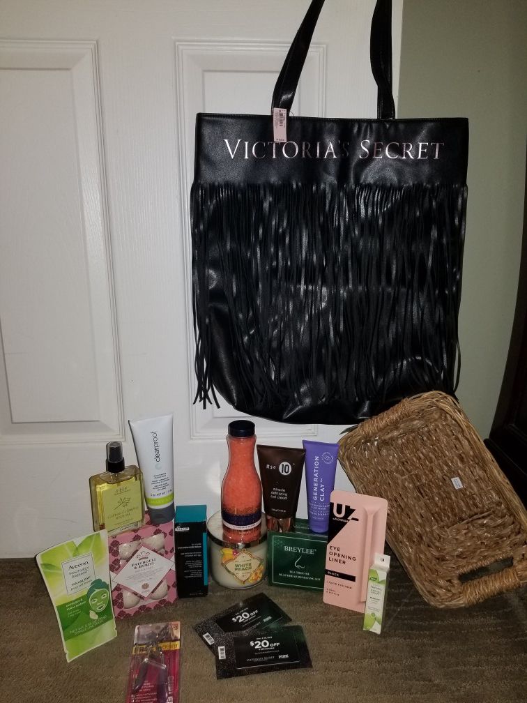 HUGE brand new beauty bundle + new with tags limited edition Victoria secret fringe tote.