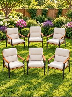 Aluminum Patio Dining Chairs Set 6 Pieces, All-Weather Wicker Rattan Outdoor Dining Chairs with Wooden Armrests & Cushions, Classic Outdoor Seating fo