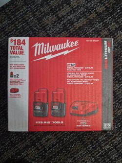 Milwaukee M12 REDLITHIUM CP2.0 Starter Kit (model 48-59-2420P), which includes two 12-volt 2.0 Ah