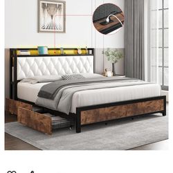 New Bed, King Size, LED With 4 Storage Drawers, Charging Ports