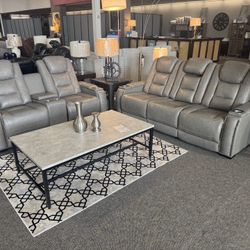 Genuine Leather Gray Power Reclining Sofa And Loveseat 
