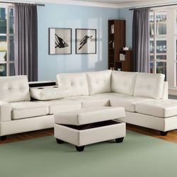 FREE DELIVERY**ELEGANT WHITE LEATHER SECTIONAL SOFA WITH DROPDOWN CUPHOLDER AND OTTOMAN INCLUDED NEW IN BOX (ORDER HERE WITH ZERO DOWN )