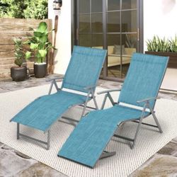 2-Piece Metal Outdoor Chaise Lounge in Blue Folding Outdoor Recliners All Weather for Beach, Pool and Yard