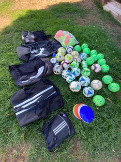 Soccer balls, bag, bibs and cones