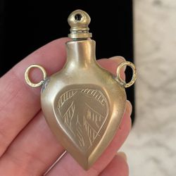 Antique Solid Brass Etched Flask Applicator Perfume Bottle Pendant Rare Unusual No Chain Jewelry Collectible Vintage For Necklace 