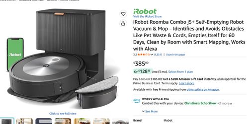 iRobot Roomba Combo j5+ Self-Emptying Robot Vacuum & Mop  Retail$395