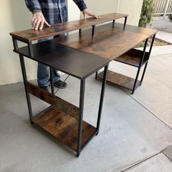 New In Box 59x24x30 Inch Tall Rustic Brown Office Computer Desk Table With Side Shelf 